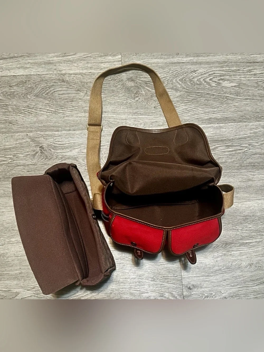 Billingham Red/Brown Canvas Camera Shoulder Bag w/ Strap Compartments 62492